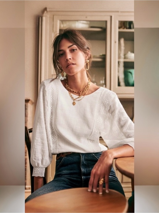 Sezane Tops - Sezane Cleo Blouse White Slub Gauze Cotton Lace Boho Parisian Coastal Breathable